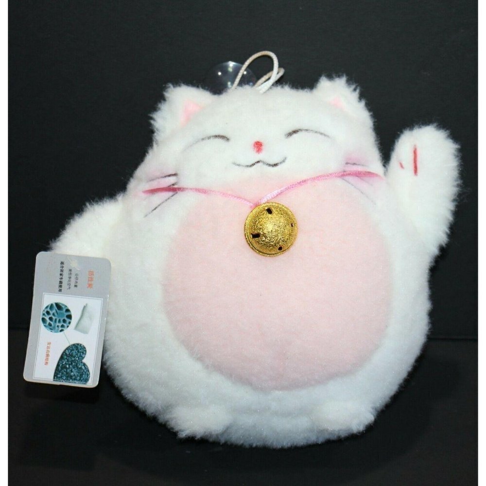 Plush Toy Unisex White Pink Lucky Cat Jingle Bell Suction Hanger